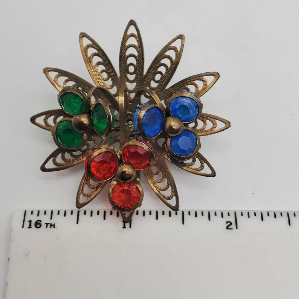 Gold Tone Filigree Brooch Orange‎ Blue Green Starburst Cluster Pin Acrylic Deco